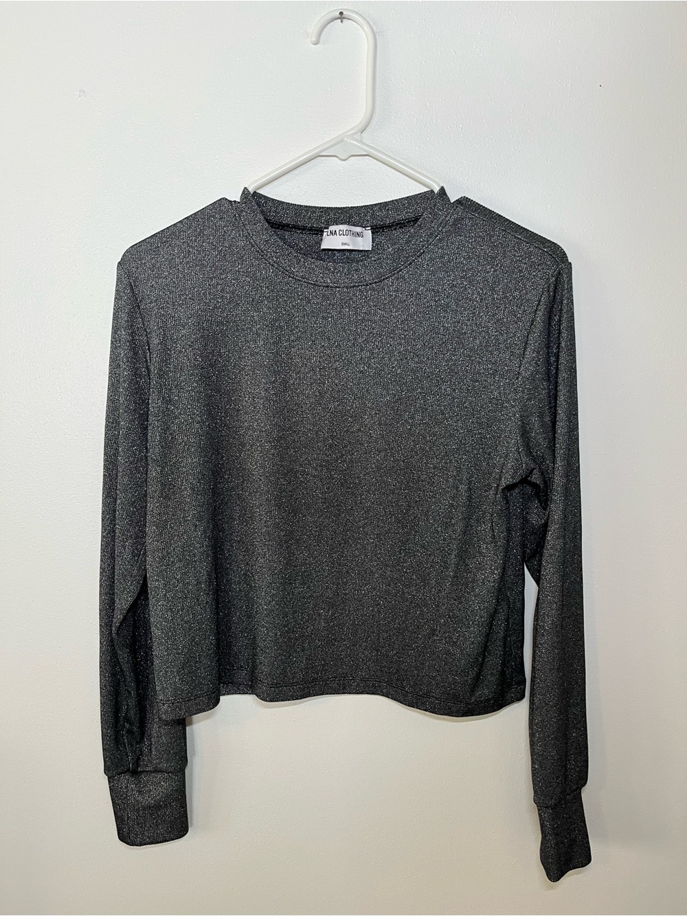 LNA Metallic Long-Sleeve Crop Top in Charcoal. Size Small